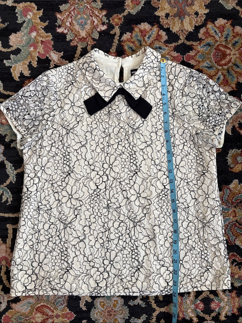 Karl Lagerfeld Cream and Black Lace Blouse with Black Bow Collar - Picture 7 of 10